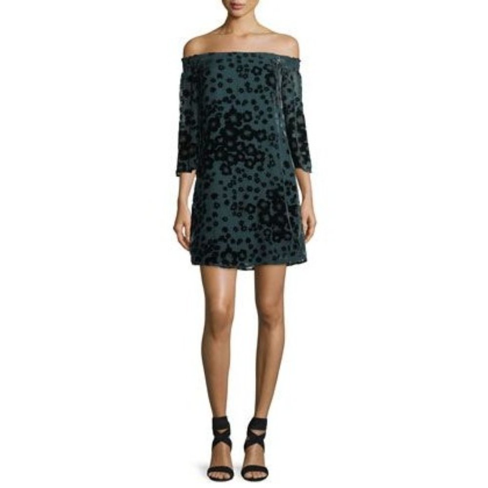 NWT Trina Turk Amaris Floral Off Shoulder Dress Velvet Forest Green Size 2